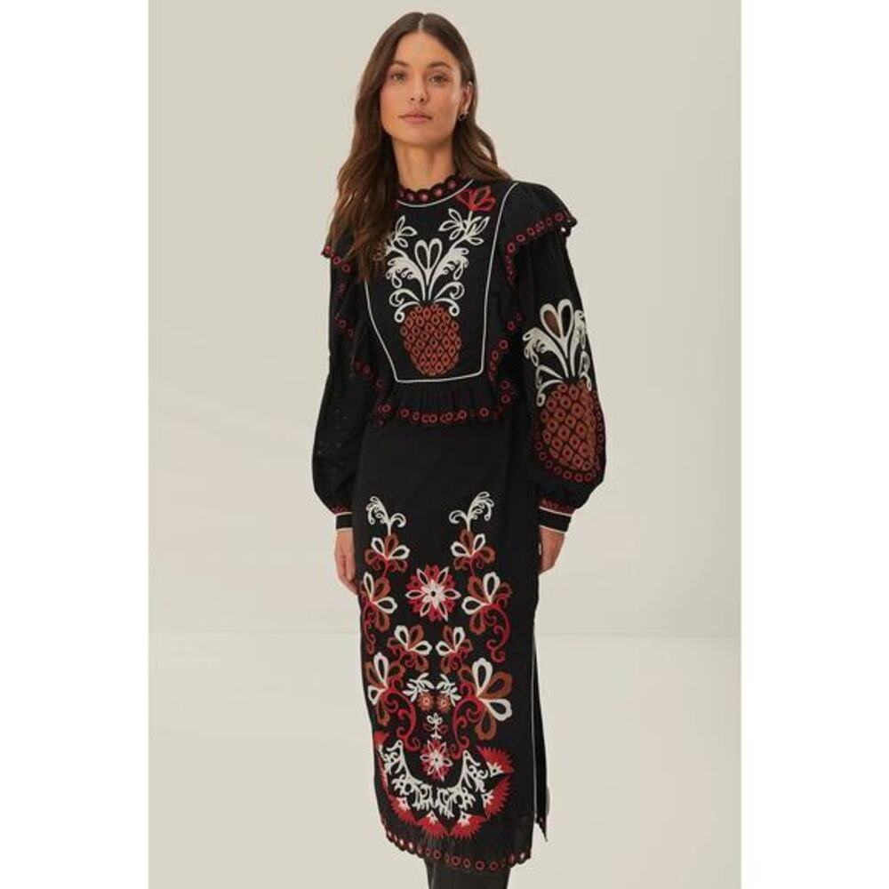 Farm Rio Cashew Mandala Richilieu Long Sleeve Maxi Dress size S NWT
